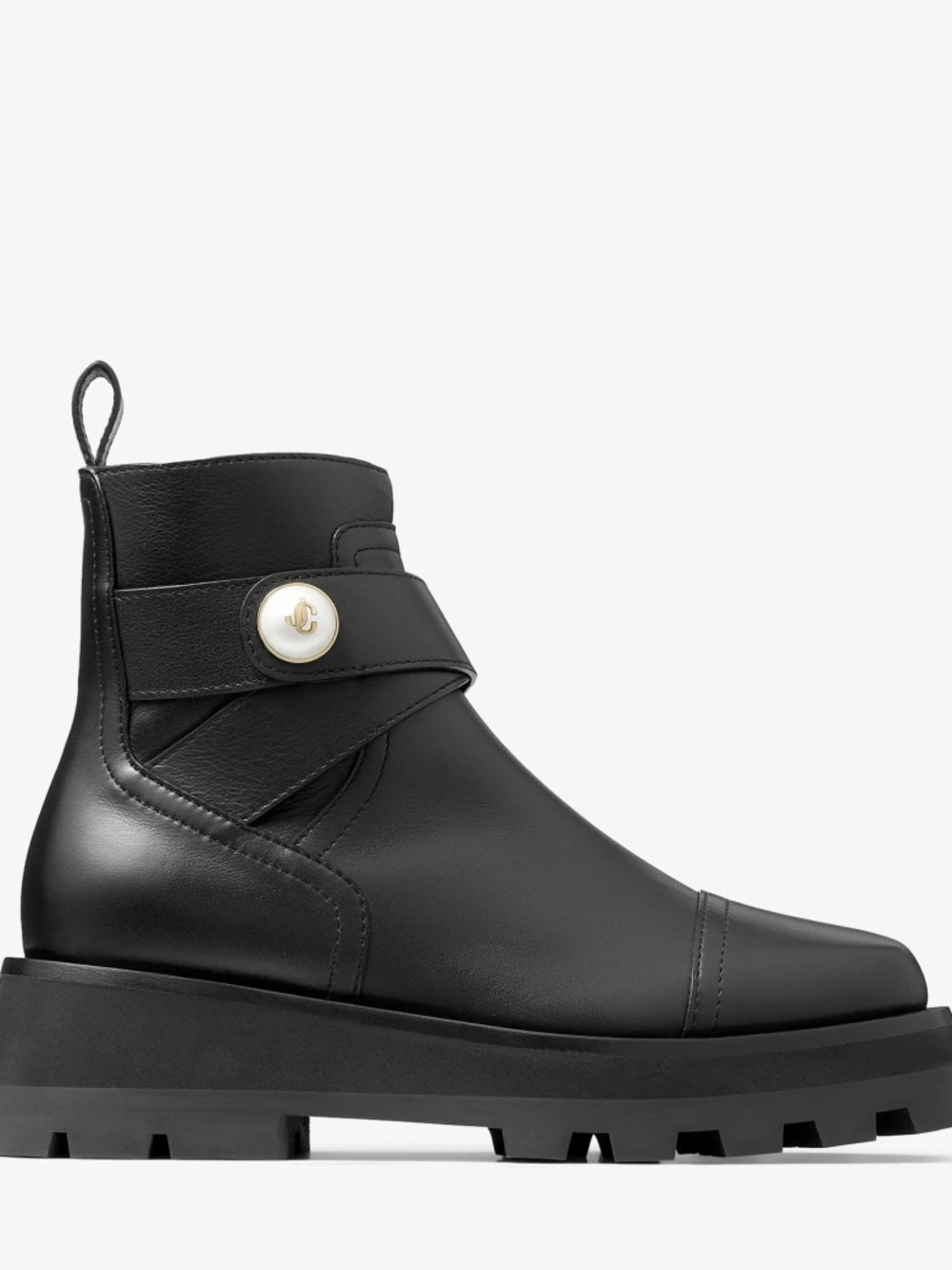 Jimmy Choo Meena Black Leather Ankle Boot with Pearl-Style Button